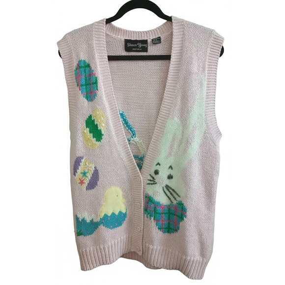 Sharon Young Sweaters - Vintage Easter Themed Sweater Vest Sharon Young Pink Bunny Eggs Basket Sz Small
